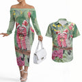Australia Galah Birds Couple Christmas Couples Matching Off The Shoulder Long Sleeve Dress and Hawaiian Shirt Mint Glaze