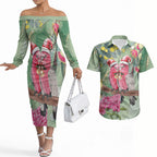 Australia Galah Birds Couple Christmas Couples Matching Off The Shoulder Long Sleeve Dress and Hawaiian Shirt Mint Glaze