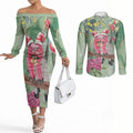 Australia Galah Birds Couple Christmas Couples Matching Off The Shoulder Long Sleeve Dress and Long Sleeve Button Shirt Mint Glaze