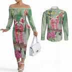 Australia Galah Birds Couple Christmas Couples Matching Off The Shoulder Long Sleeve Dress and Long Sleeve Button Shirt Mint Glaze