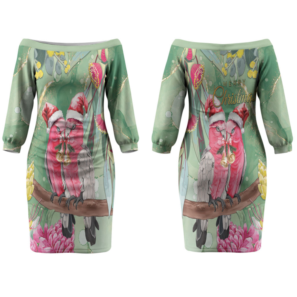 Australia Galah Birds Couple Christmas Couples Matching Off The Shoulder Long Sleeve Dress and Long Sleeve Button Shirt Mint Glaze