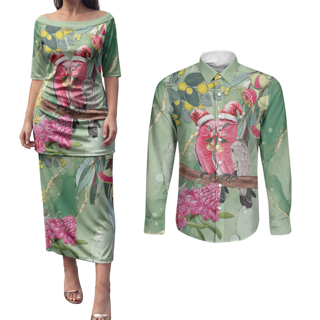 Australia Galah Birds Couple Christmas Couples Matching Puletasi and Long Sleeve Button Shirt Mint Glaze