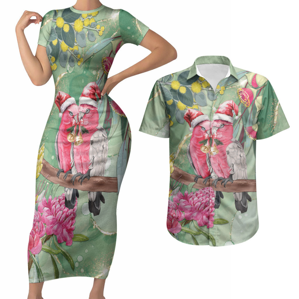 Australia Galah Birds Couple Christmas Couples Matching Short Sleeve Bodycon Dress and Hawaiian Shirt Mint Glaze