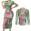 Australia Galah Birds Couple Christmas Couples Matching Short Sleeve Bodycon Dress and Long Sleeve Button Shirt Mint Glaze