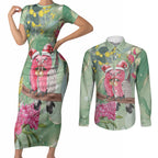 Australia Galah Birds Couple Christmas Couples Matching Short Sleeve Bodycon Dress and Long Sleeve Button Shirt Mint Glaze