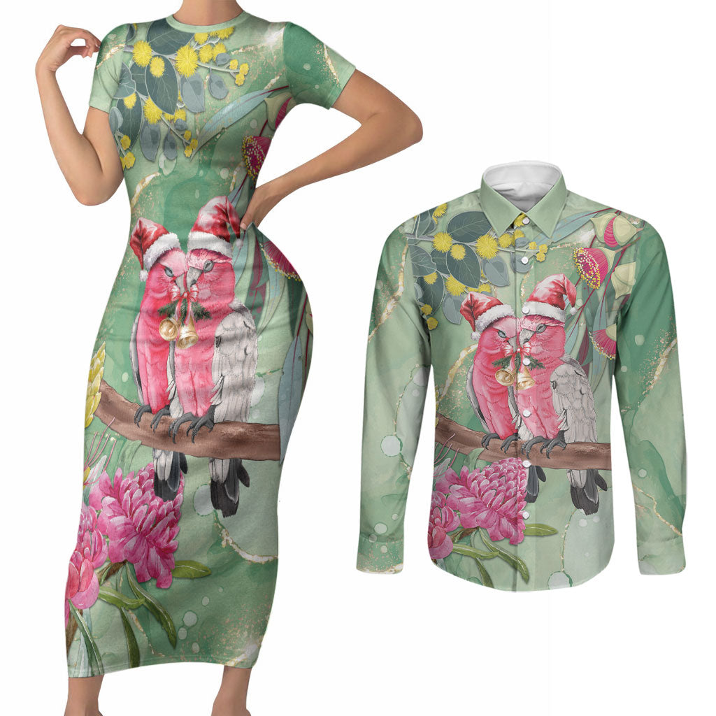 Australia Galah Birds Couple Christmas Couples Matching Short Sleeve Bodycon Dress and Long Sleeve Button Shirt Mint Glaze