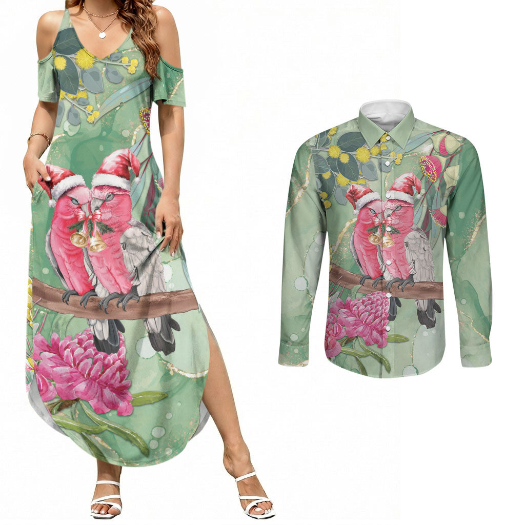 Australia Galah Birds Couple Christmas Couples Matching Summer Maxi Dress and Long Sleeve Button Shirt Mint Glaze