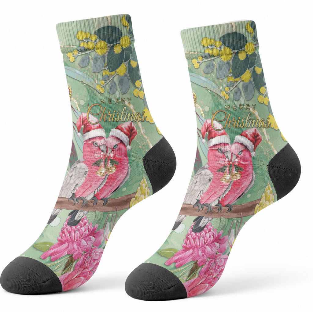 Australia Galah Birds Couple Christmas Crew Socks Mint Glaze