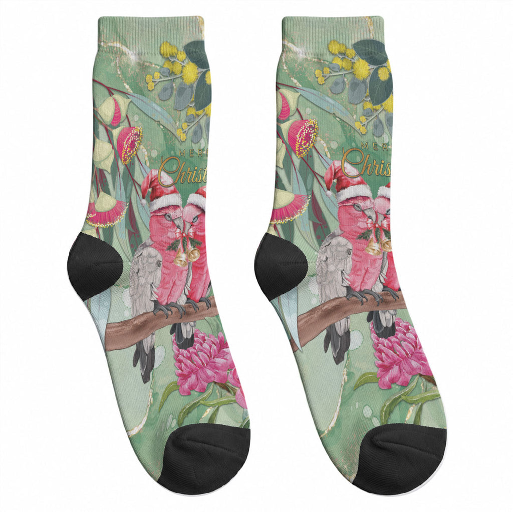 Australia Galah Birds Couple Christmas Crew Socks Mint Glaze
