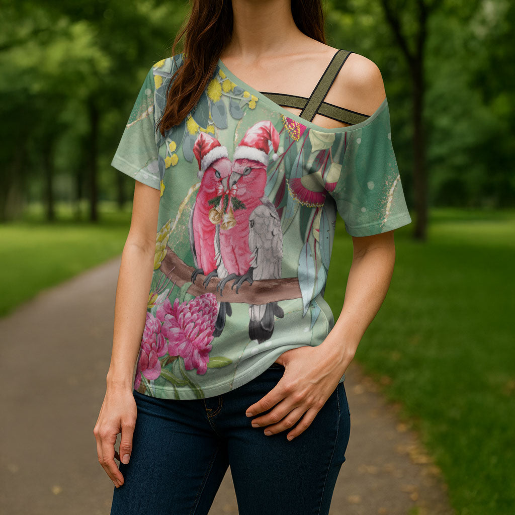Australia Galah Birds Couple Christmas Cross Shoulder Shirt Mint Glaze