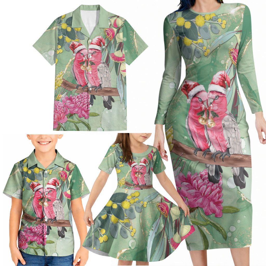 Australia Galah Birds Couple Christmas Family Matching Long Sleeve Bodycon Dress and Hawaiian Shirt Mint Glaze