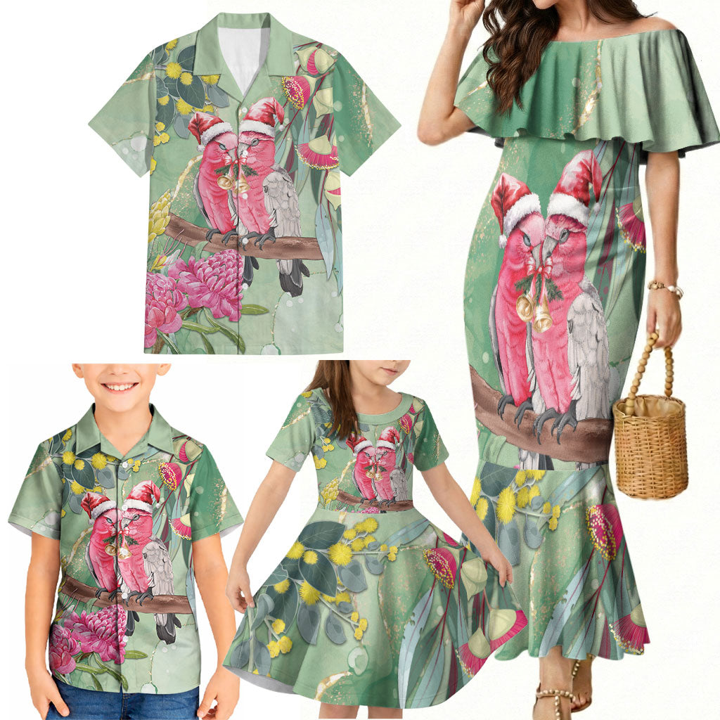 Australia Galah Birds Couple Christmas Family Matching Mermaid Dress and Hawaiian Shirt Mint Glaze