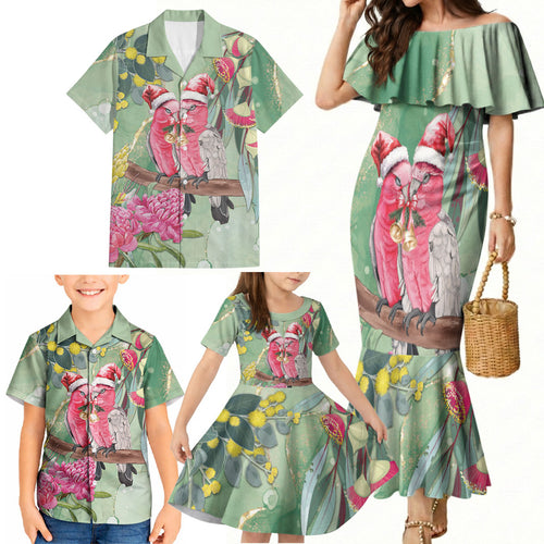 Australia Galah Birds Couple Christmas Family Matching Mermaid Dress and Hawaiian Shirt Mint Glaze