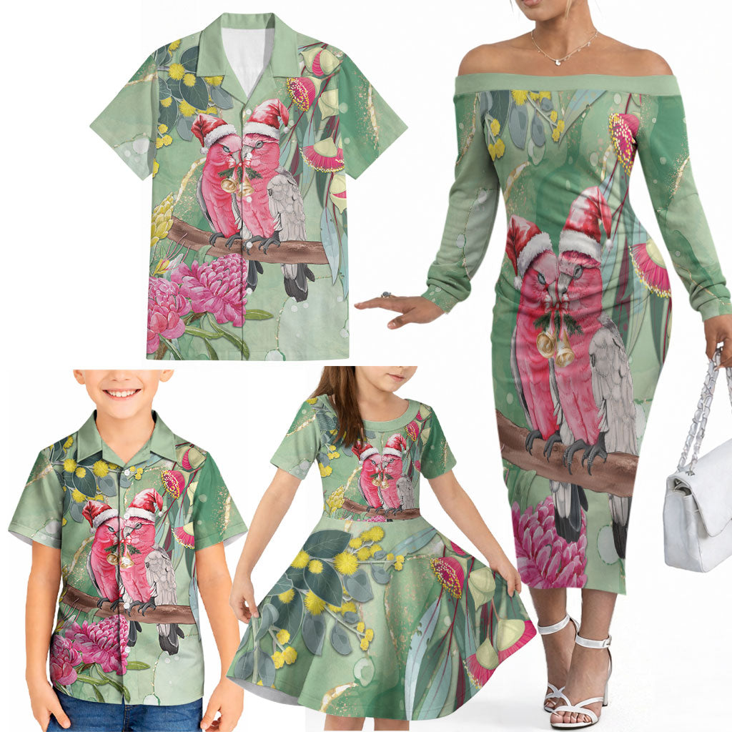 Australia Galah Birds Couple Christmas Family Matching Off The Shoulder Long Sleeve Dress and Hawaiian Shirt Mint Glaze