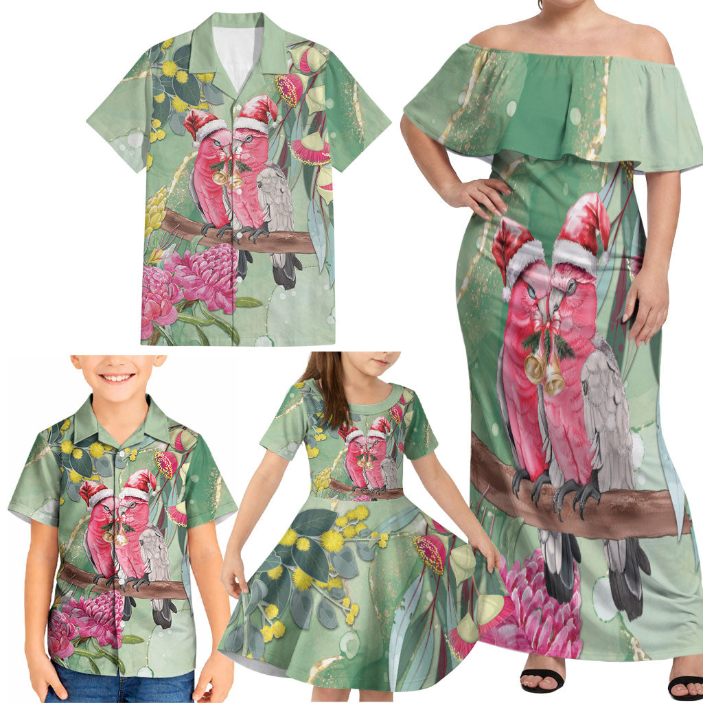 Australia Galah Birds Couple Christmas Family Matching Off Shoulder Maxi Dress and Hawaiian Shirt Mint Glaze