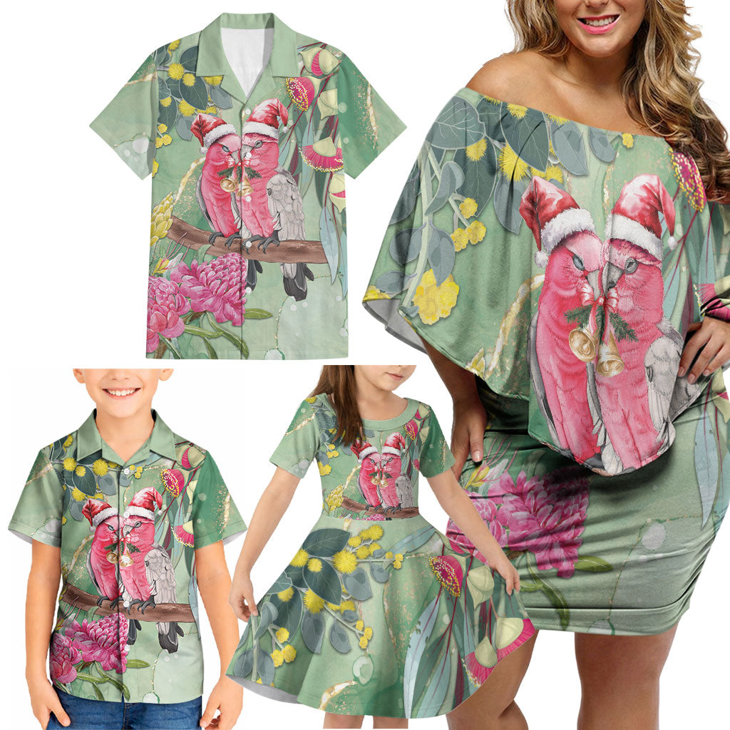 Australia Galah Birds Couple Christmas Family Matching Off Shoulder Short Dress and Hawaiian Shirt Mint Glaze