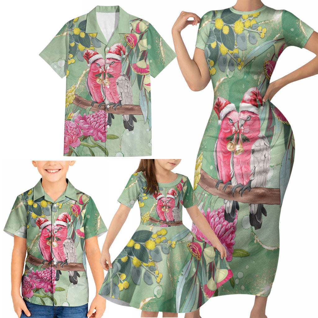 Australia Galah Birds Couple Christmas Family Matching Short Sleeve Bodycon Dress and Hawaiian Shirt Mint Glaze