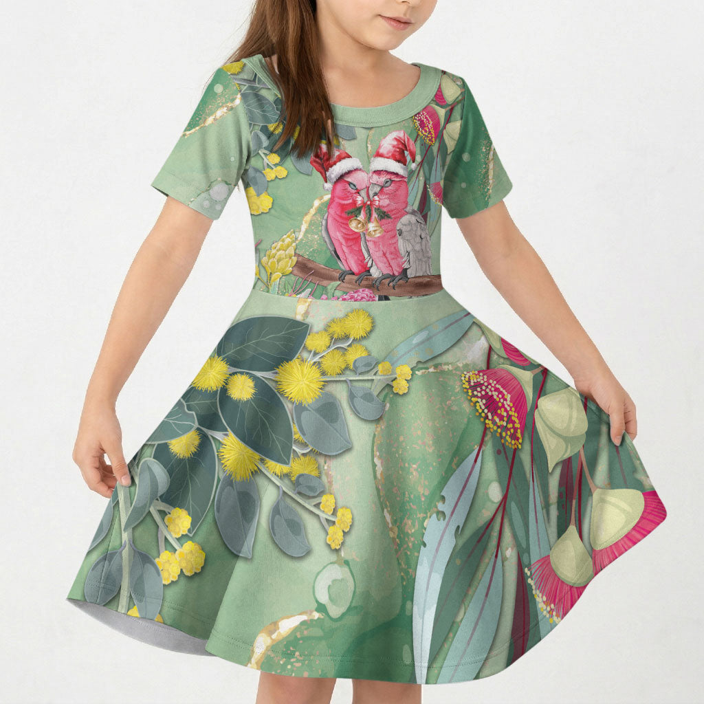 Australia Galah Birds Couple Christmas Kid Short Sleeve Dress Mint Glaze