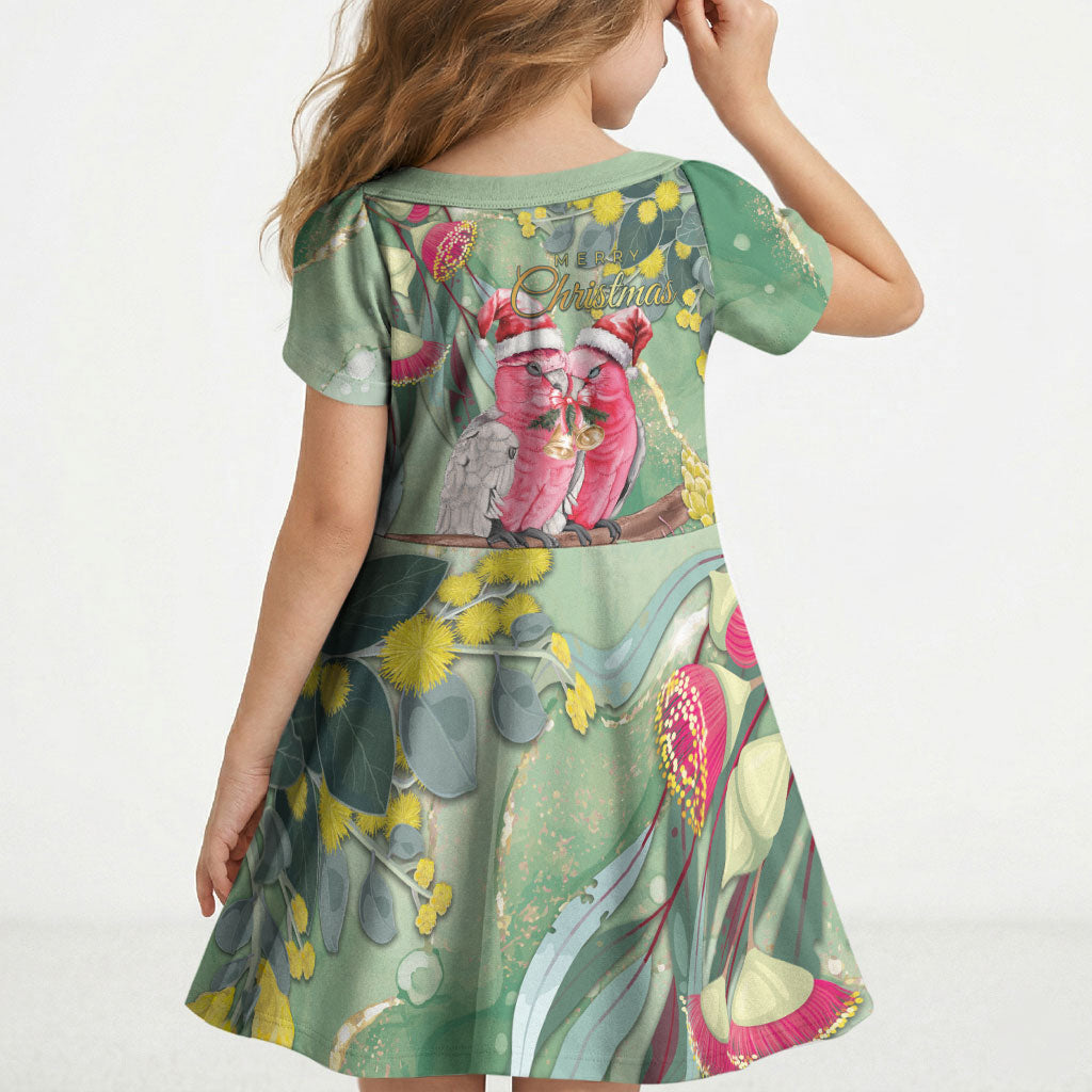Australia Galah Birds Couple Christmas Kid Short Sleeve Dress Mint Glaze