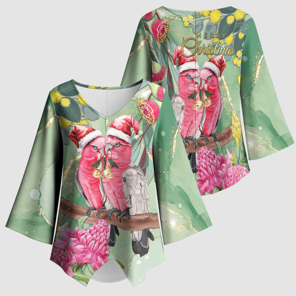 Australia Galah Birds Couple Christmas Kimono Sleeve Blouse Mint Glaze