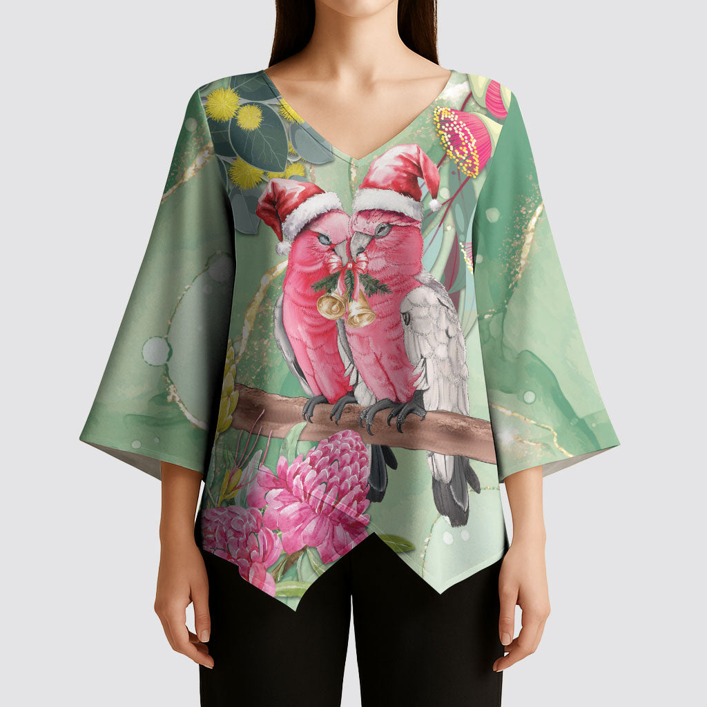 Australia Galah Birds Couple Christmas Kimono Sleeve Blouse Mint Glaze