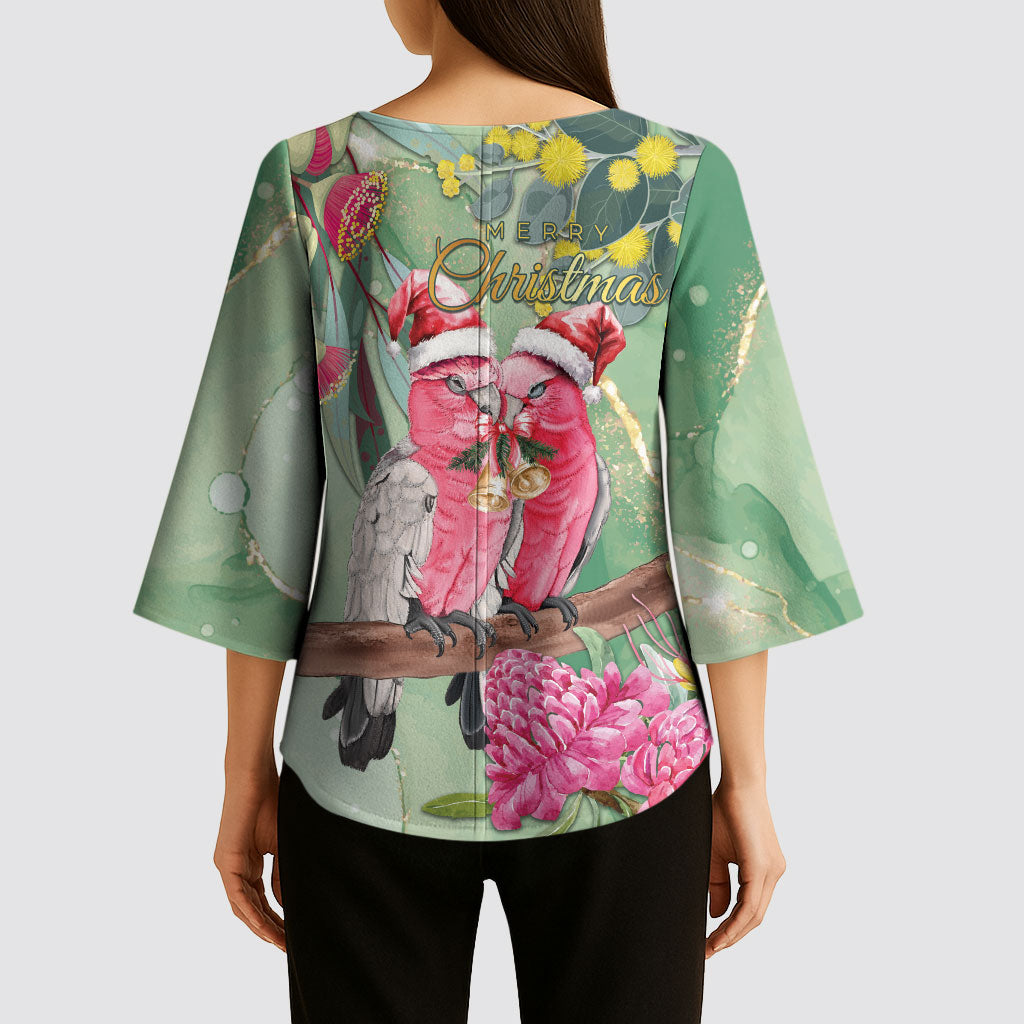 Australia Galah Birds Couple Christmas Kimono Sleeve Blouse Mint Glaze