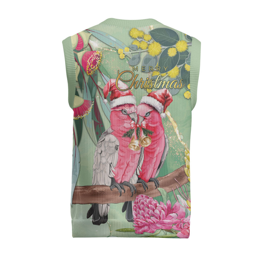 Australia Galah Birds Couple Christmas Knitted V-Neck Vest Mint Glaze