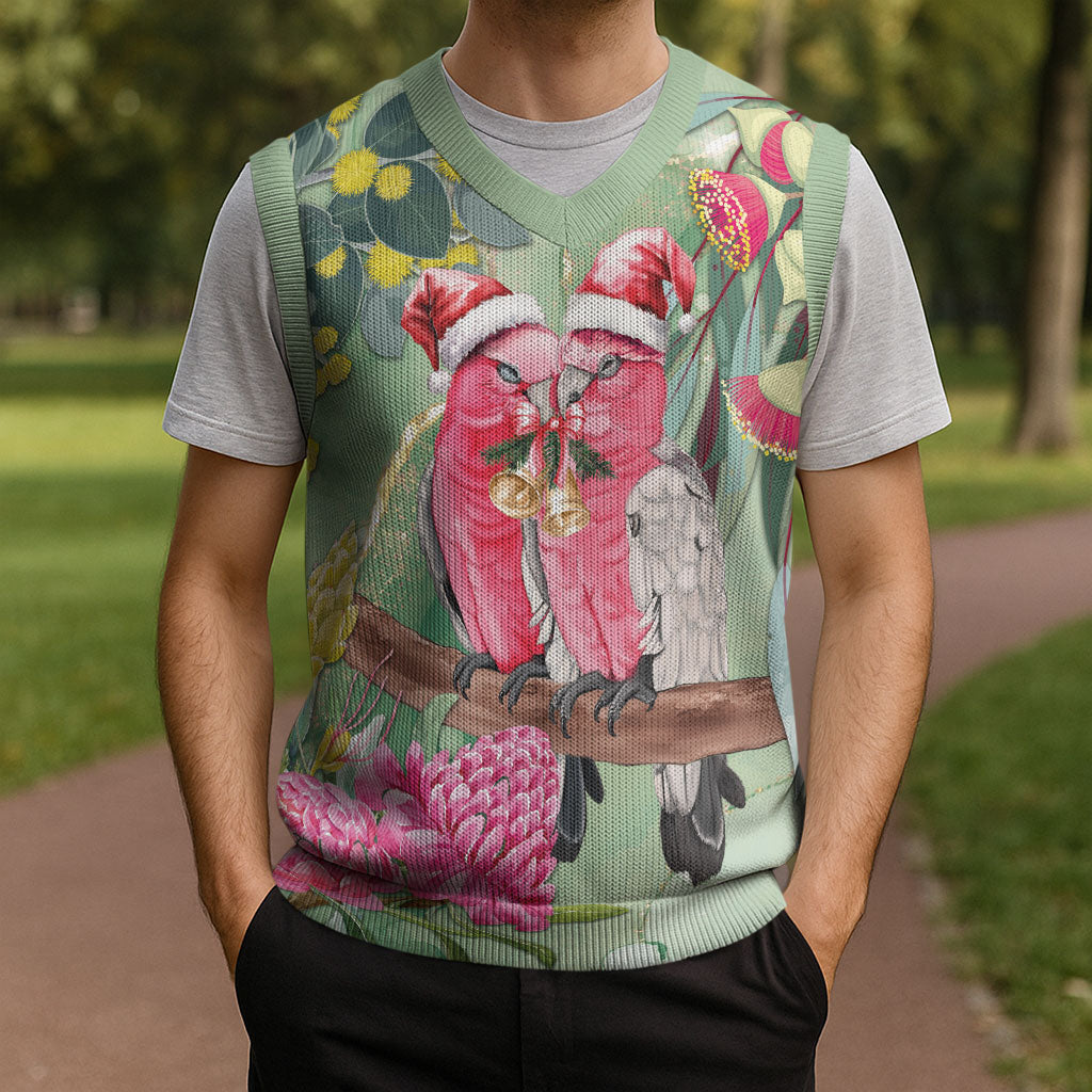 Australia Galah Birds Couple Christmas Knitted V-Neck Vest Mint Glaze