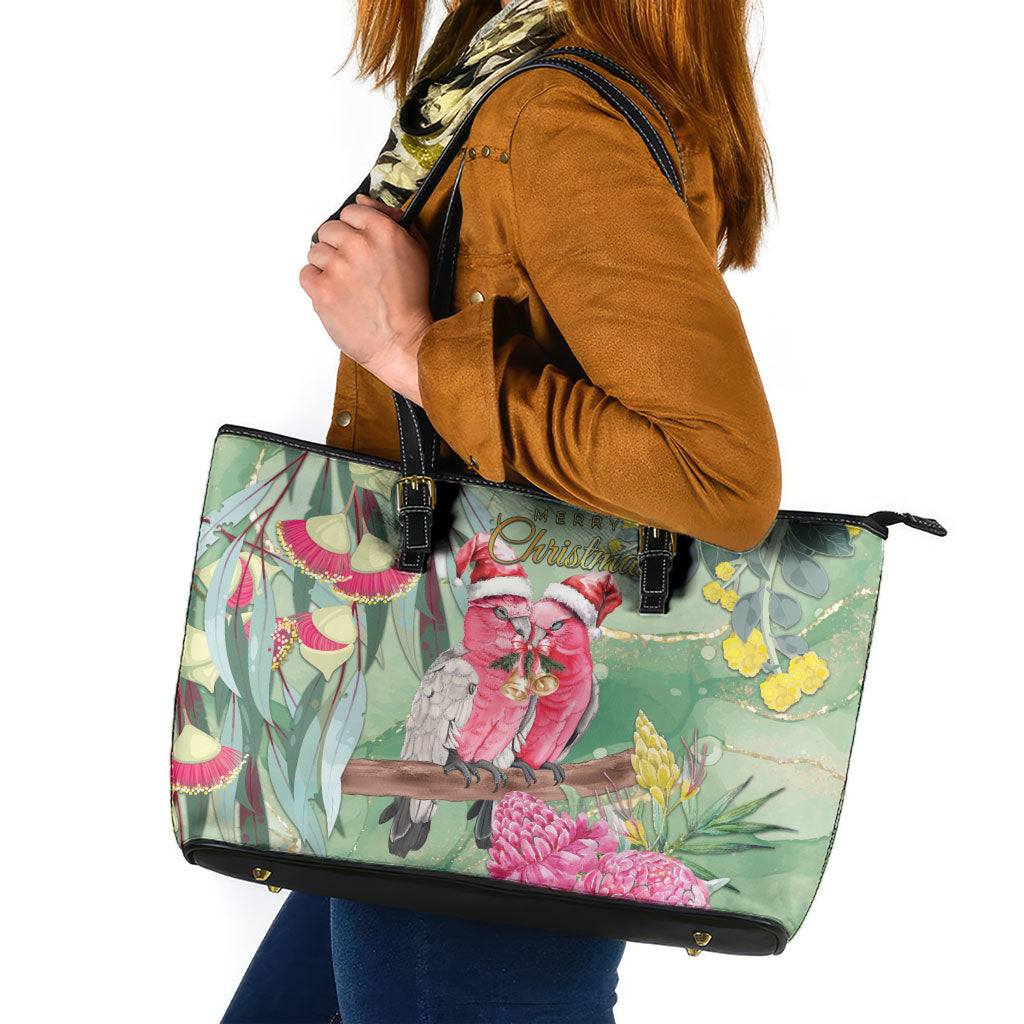Australia Galah Birds Couple Christmas Leather Tote Bag Mint Glaze