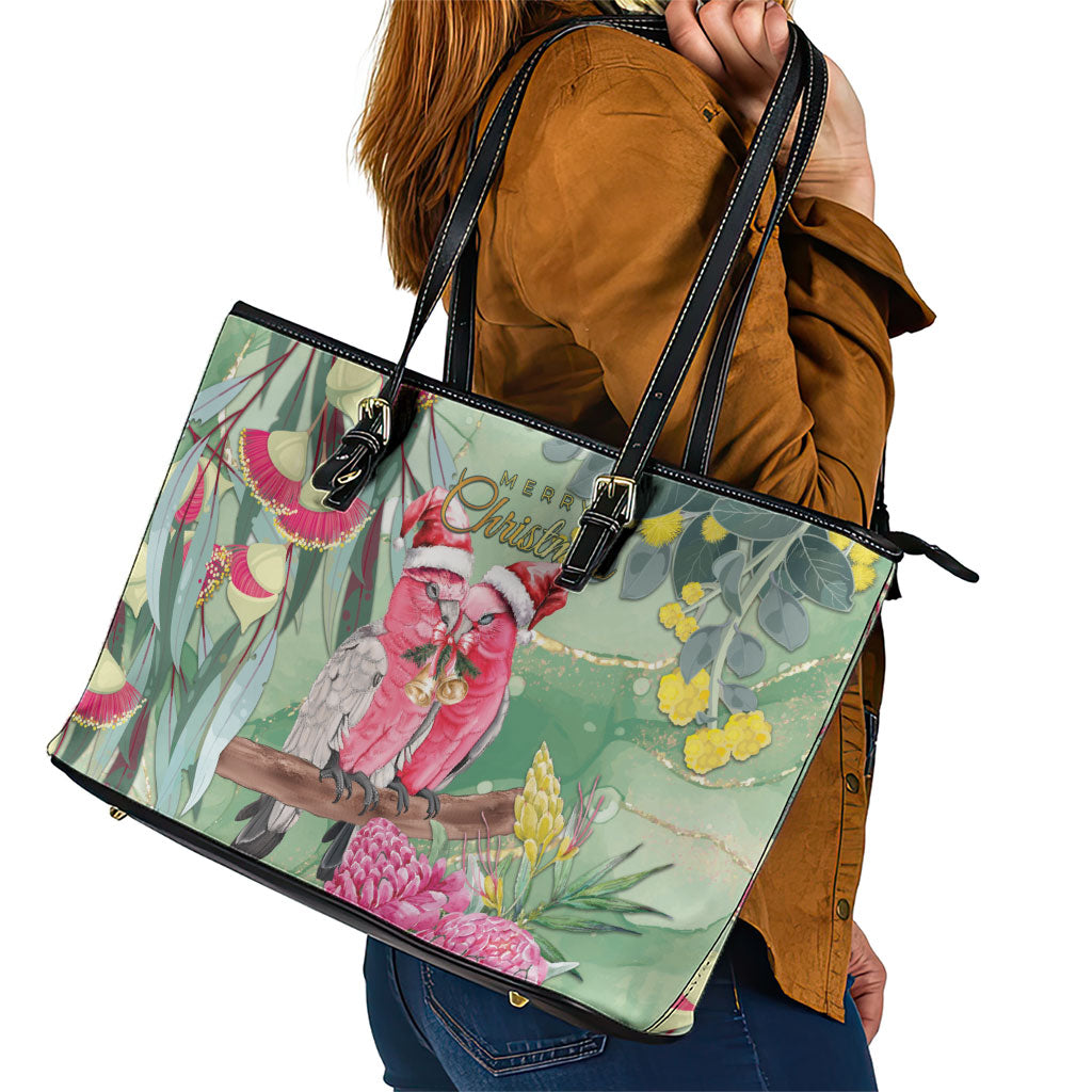 Australia Galah Birds Couple Christmas Leather Tote Bag Mint Glaze