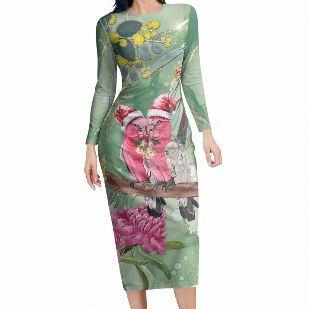 Australia Galah Birds Couple Christmas Long Sleeve Bodycon Dress Mint Glaze
