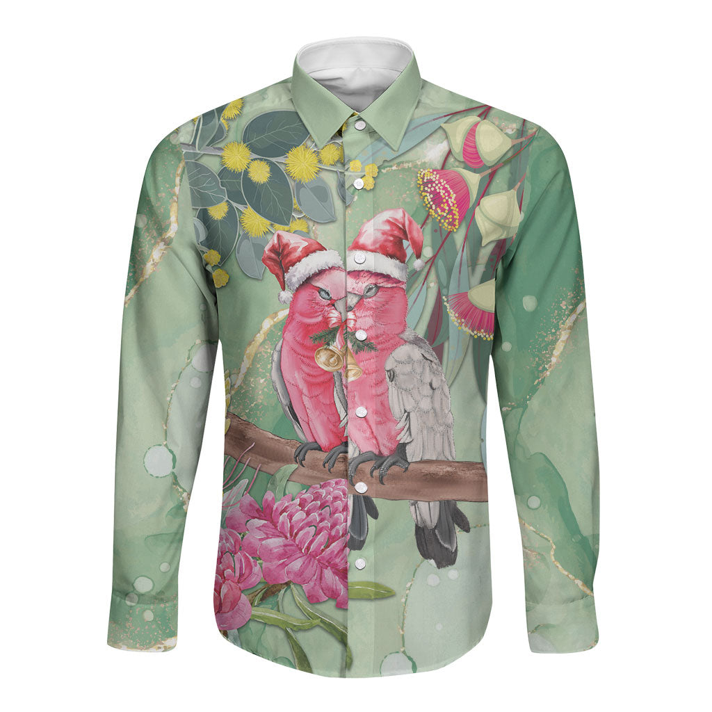 Australia Galah Birds Couple Christmas Long Sleeve Button Shirt Mint Glaze