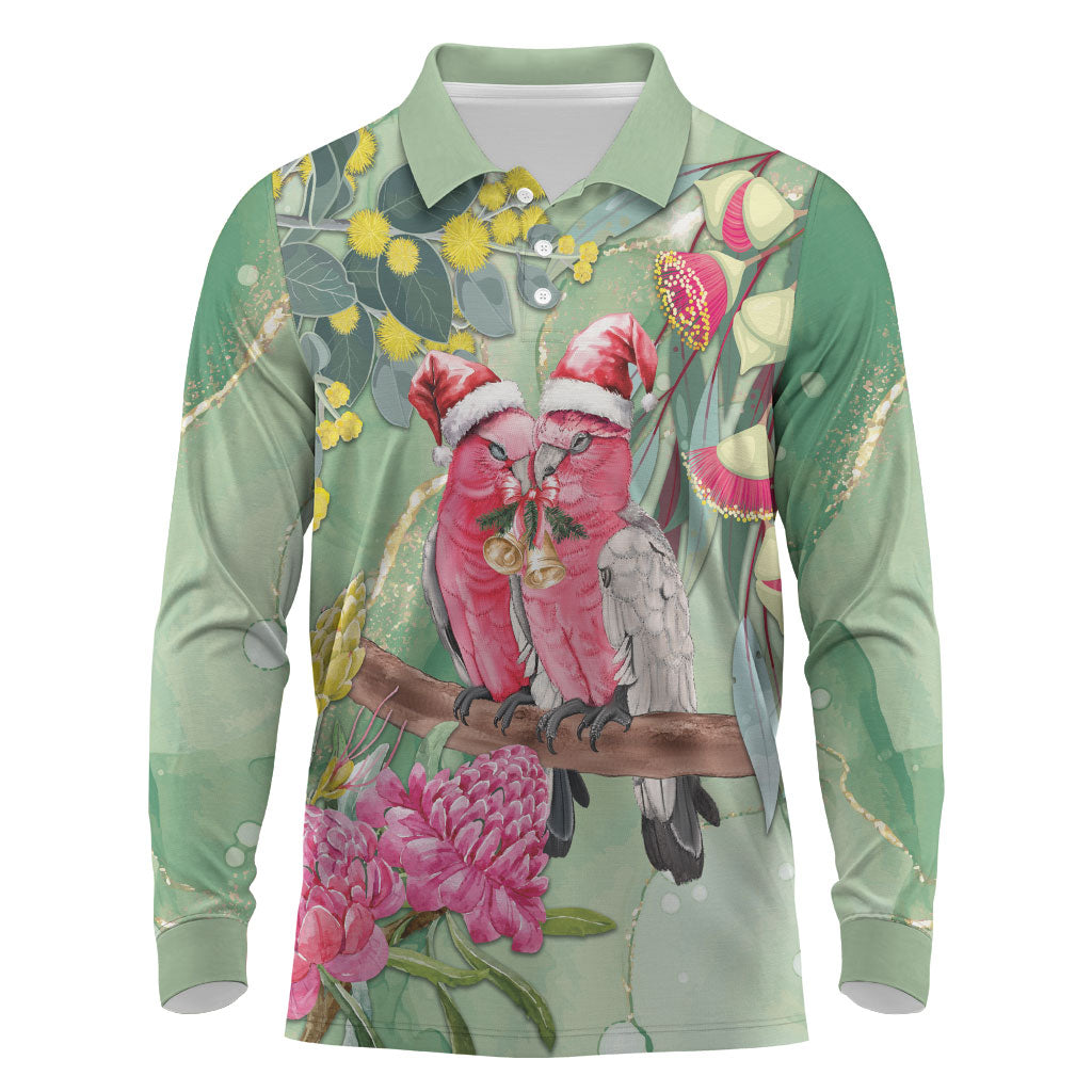 Australia Galah Birds Couple Christmas Long Sleeve Polo Shirt Mint Glaze