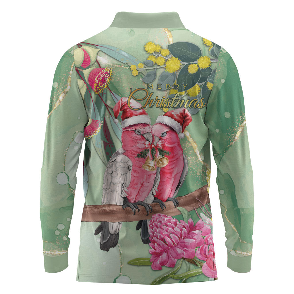Australia Galah Birds Couple Christmas Long Sleeve Polo Shirt Mint Glaze