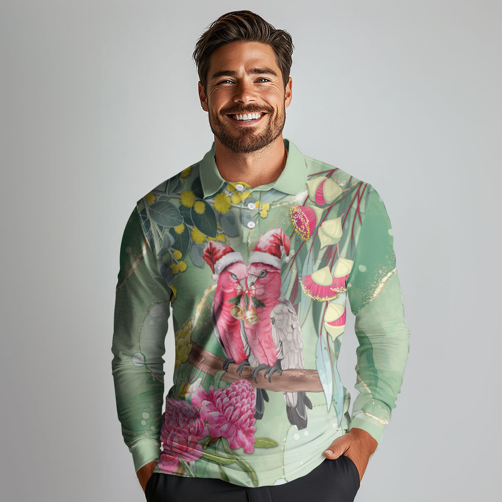 Australia Galah Birds Couple Christmas Long Sleeve Polo Shirt Mint Glaze