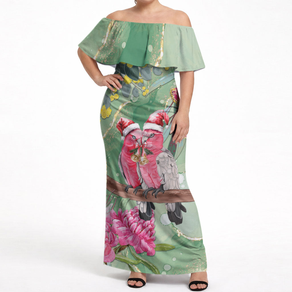 Australia Galah Birds Couple Christmas Off Shoulder Maxi Dress Mint Glaze