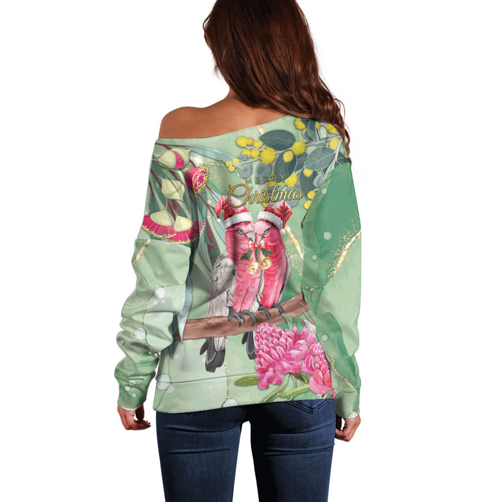 Australia Galah Birds Couple Christmas Off Shoulder Sweater Mint Glaze