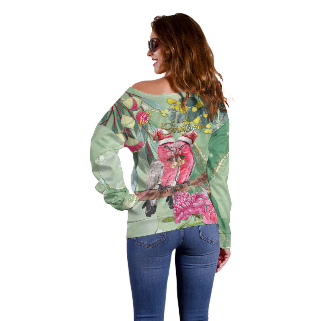 Australia Galah Birds Couple Christmas Off Shoulder Sweater Mint Glaze