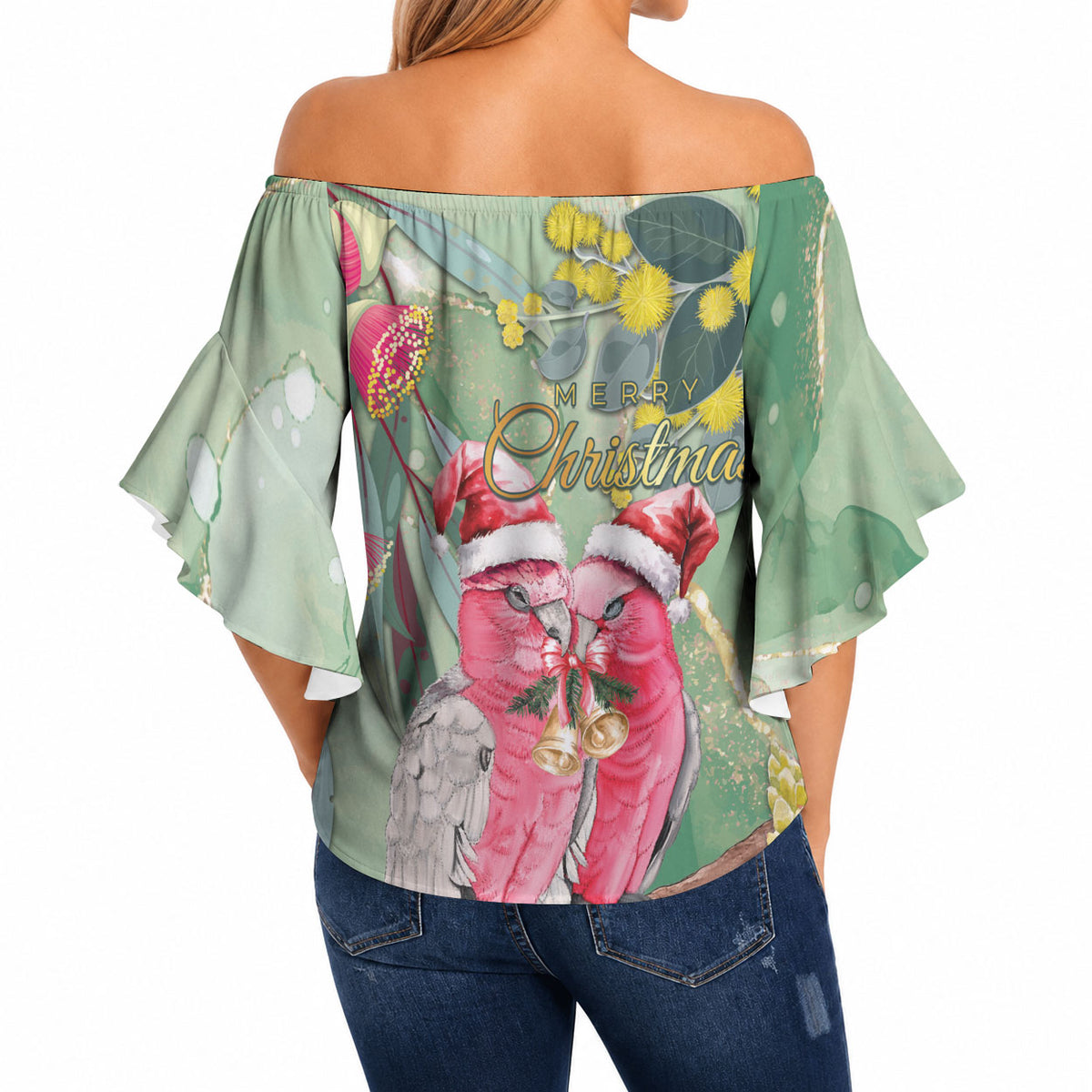 Australia Galah Birds Couple Christmas Off Shoulder Wrap Waist Top Mint Glaze