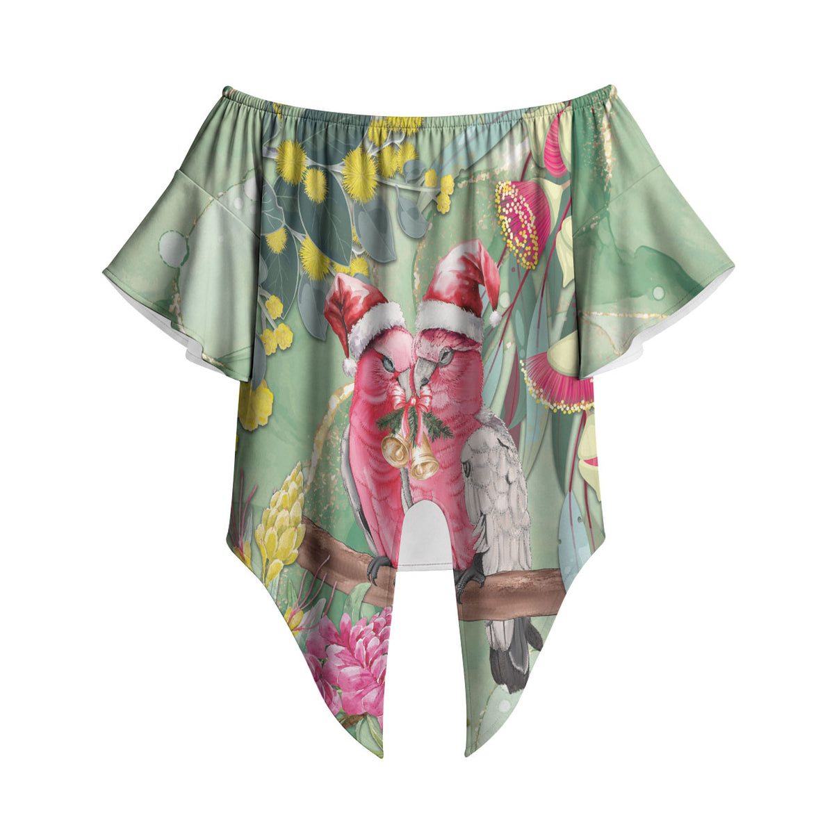 Australia Galah Birds Couple Christmas Off Shoulder Wrap Waist Top Mint Glaze