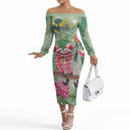 Australia Galah Birds Couple Christmas Off The Shoulder Long Sleeve Dress Mint Glaze