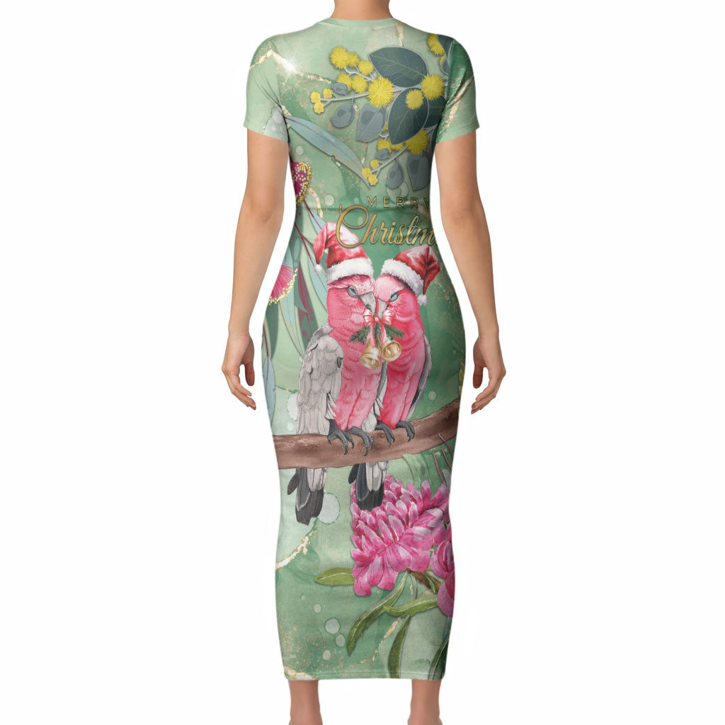 Australia Galah Birds Couple Christmas Short Sleeve Bodycon Dress Mint Glaze