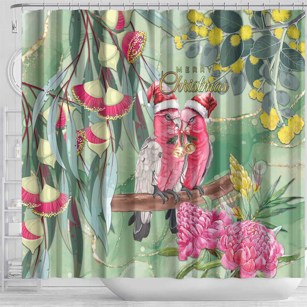 Australia Galah Birds Couple Christmas Shower Curtain Mint Glaze