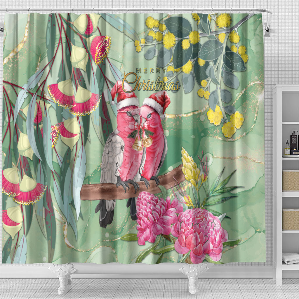 Australia Galah Birds Couple Christmas Shower Curtain Mint Glaze
