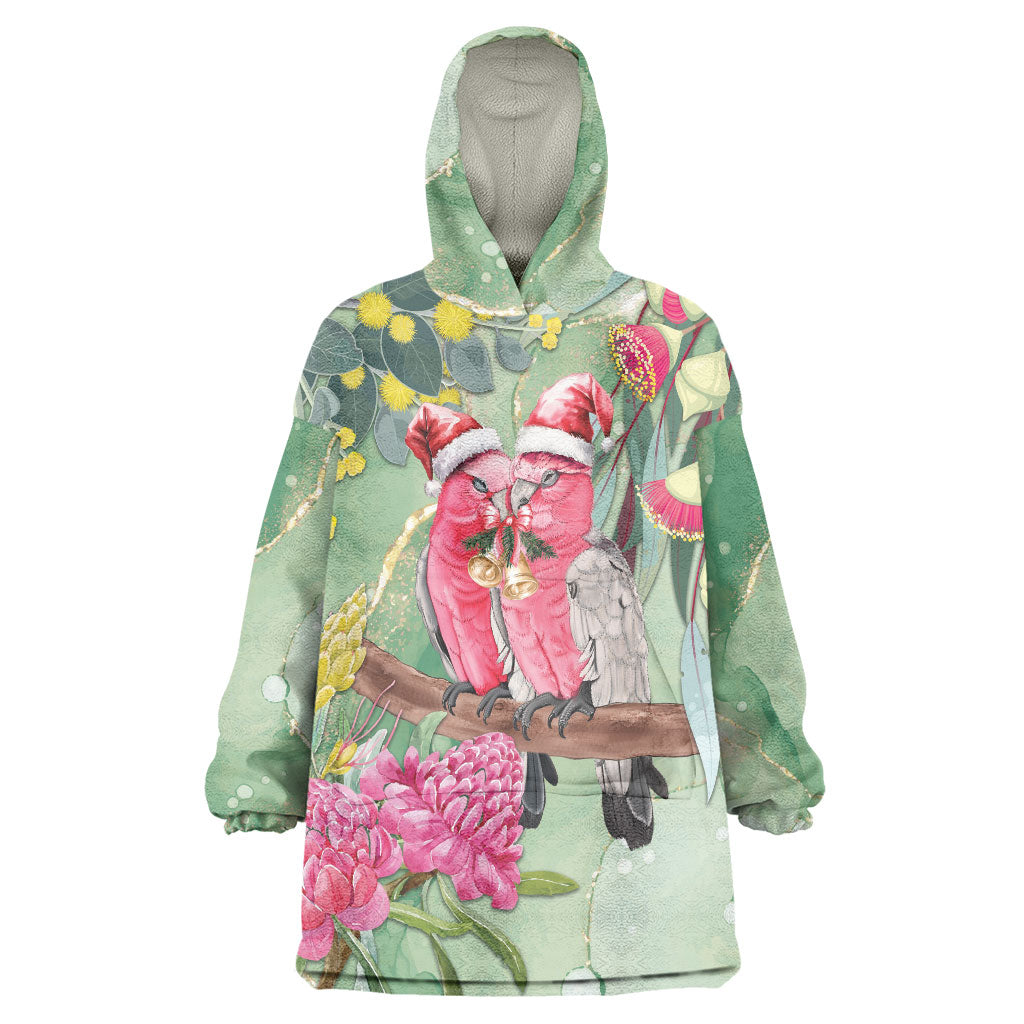 Australia Galah Birds Couple Christmas Wearable Blanket Hoodie Mint Glaze