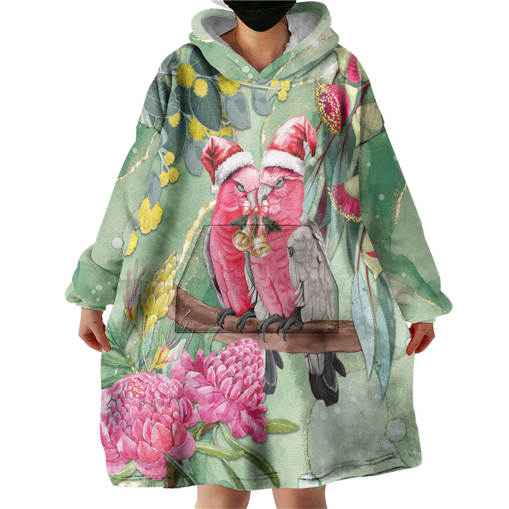 Australia Galah Birds Couple Christmas Wearable Blanket Hoodie Mint Glaze