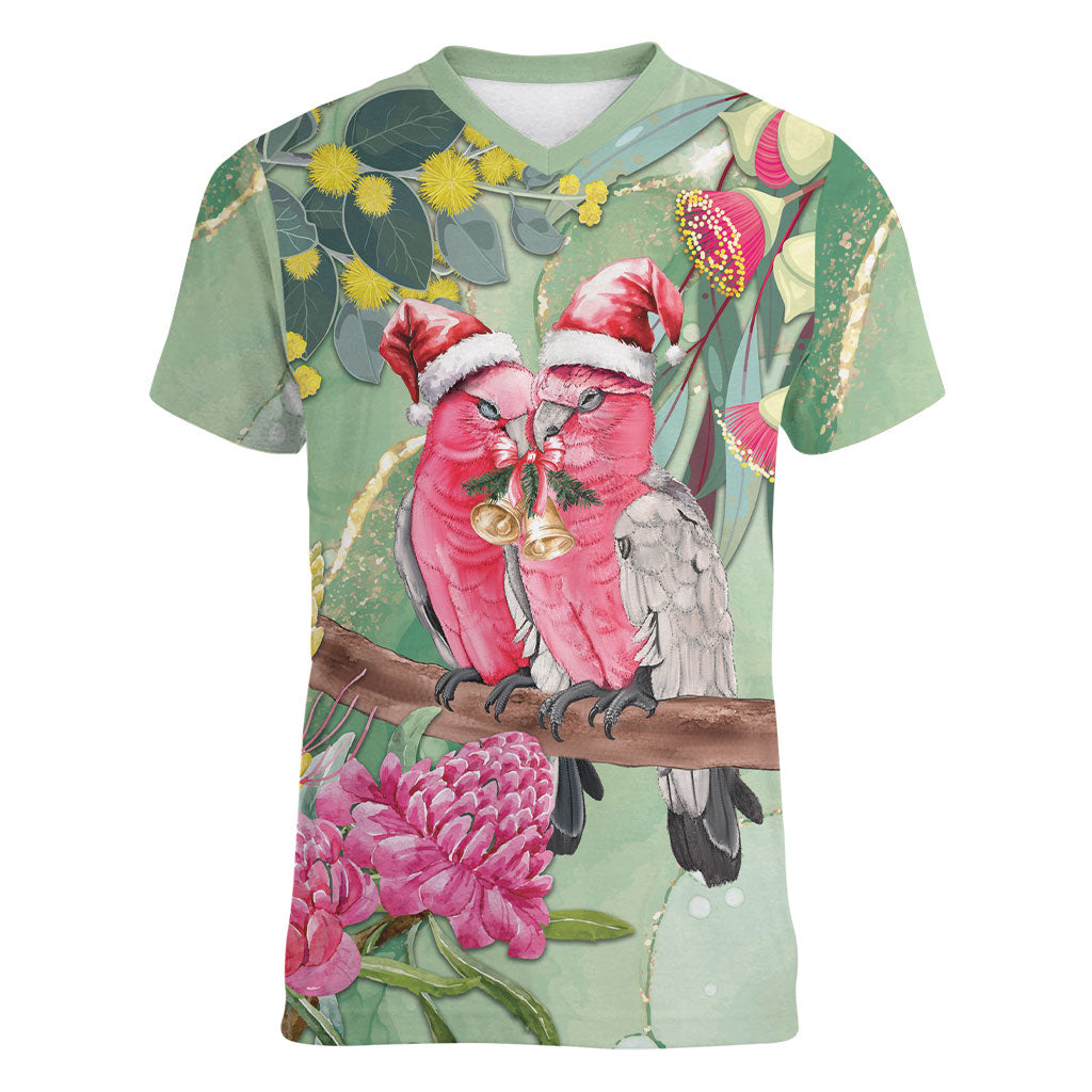 Australia Galah Birds Couple Christmas Women V-Neck T-Shirt Mint Glaze