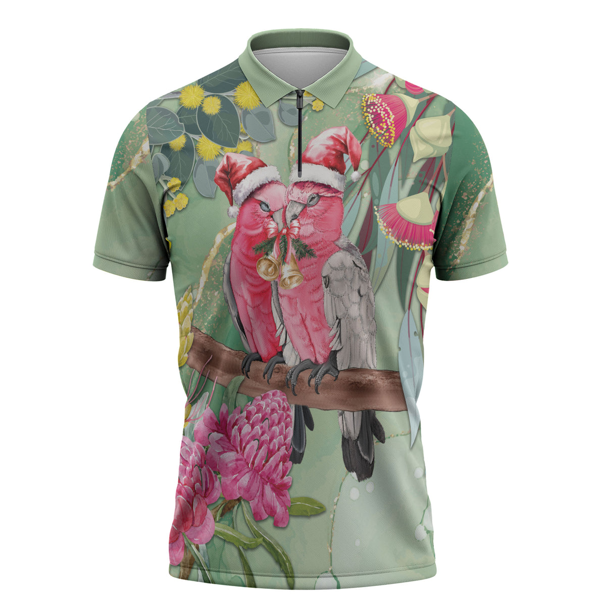 Australia Galah Birds Couple Christmas Zipper Polo Shirt Mint Glaze