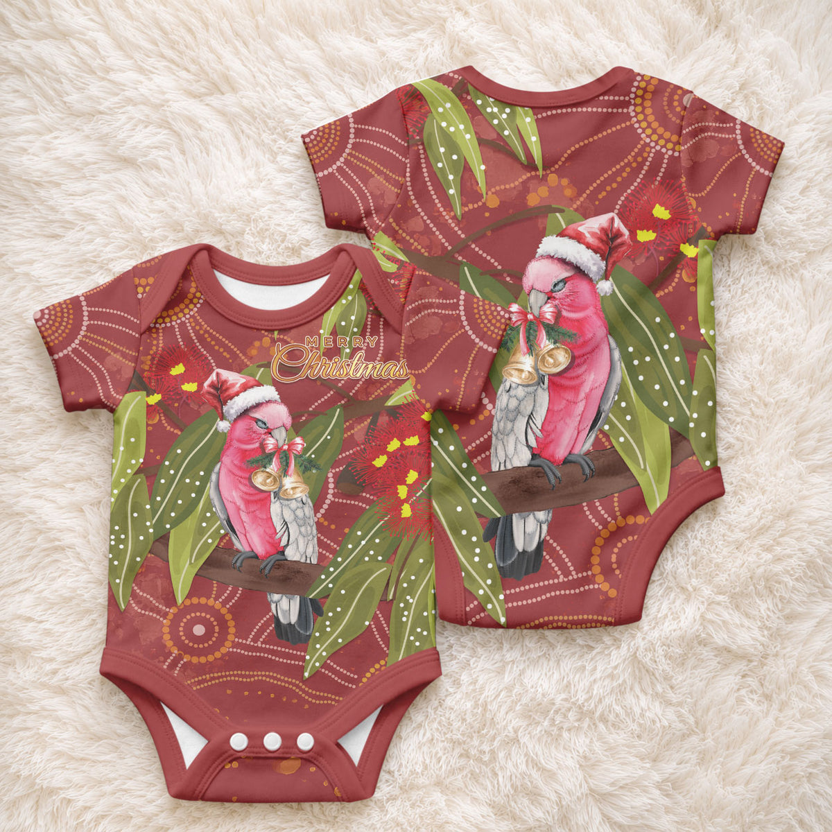 Australia Christmas Indigenous Baby Onesie Galah Bird on Eucalyptus