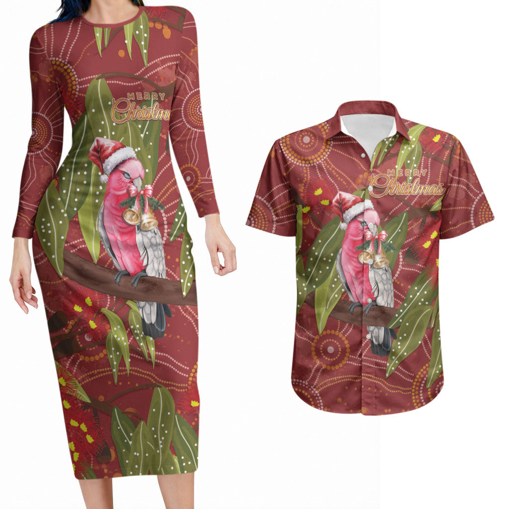 Australia Christmas Indigenous Couples Matching Long Sleeve Bodycon Dress and Hawaiian Shirt Galah Bird on Eucalyptus